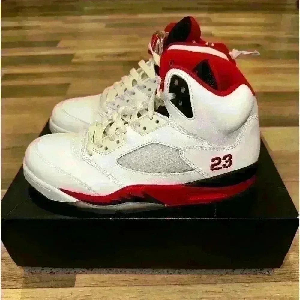 Air Jordan 5's retro size 8 white black and red